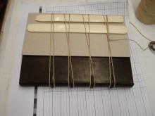 Raised bands bound with cord while leather drys